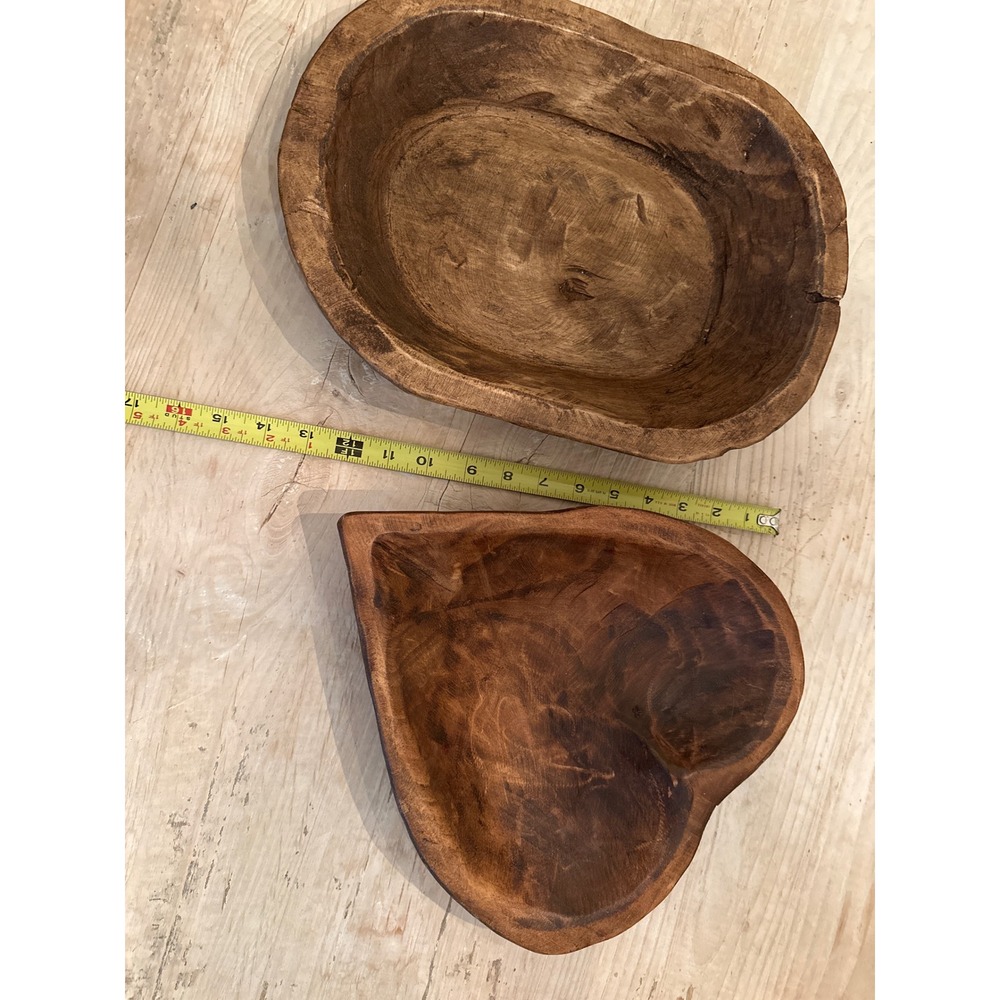 Ranch Junkie Hand Carved Wooden Dough Bowl Set Heart & Oval Rustic Farmhouse
